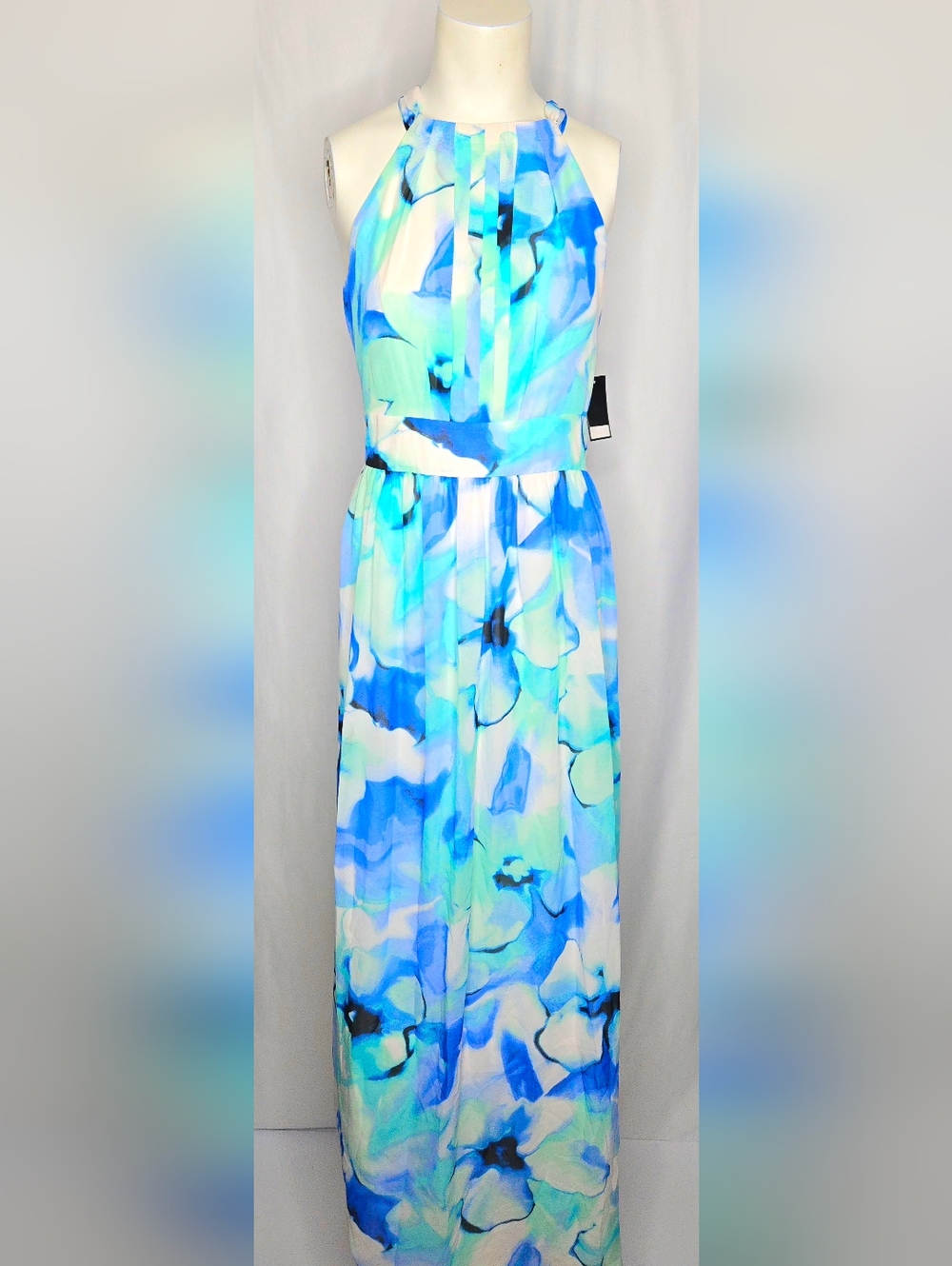 Nine West Ice Blue & Aqua Floral‎ Halter Maxi Dress Size 8 NWT